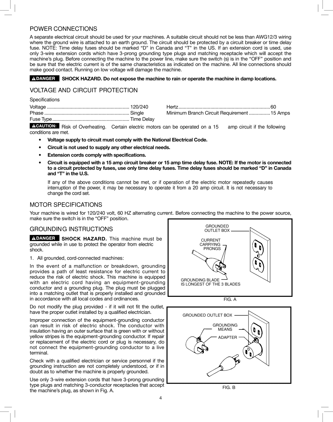 Delta 50-786 Power Connections, Voltage and Circuit Protection, Motor Specifications, Grounding Instructions 